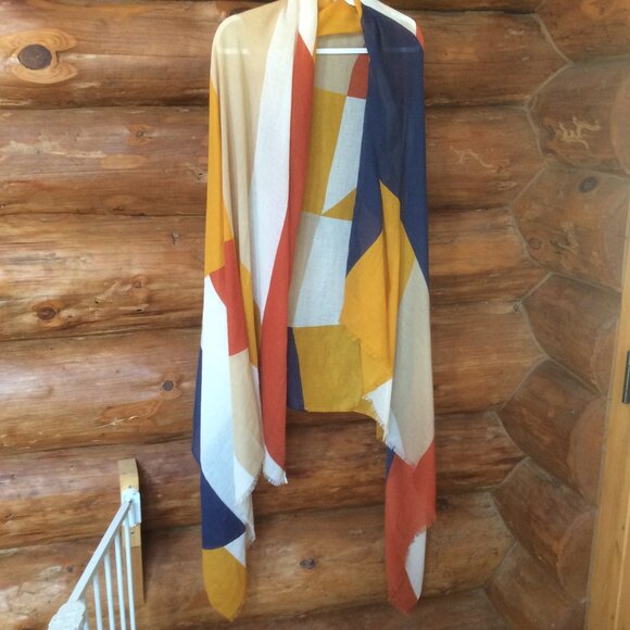 Color Block Geometric Lightweight Bold Shawl/Scarf/Wrap with Raw Fringed Edge OS - Picture 2 of 3
